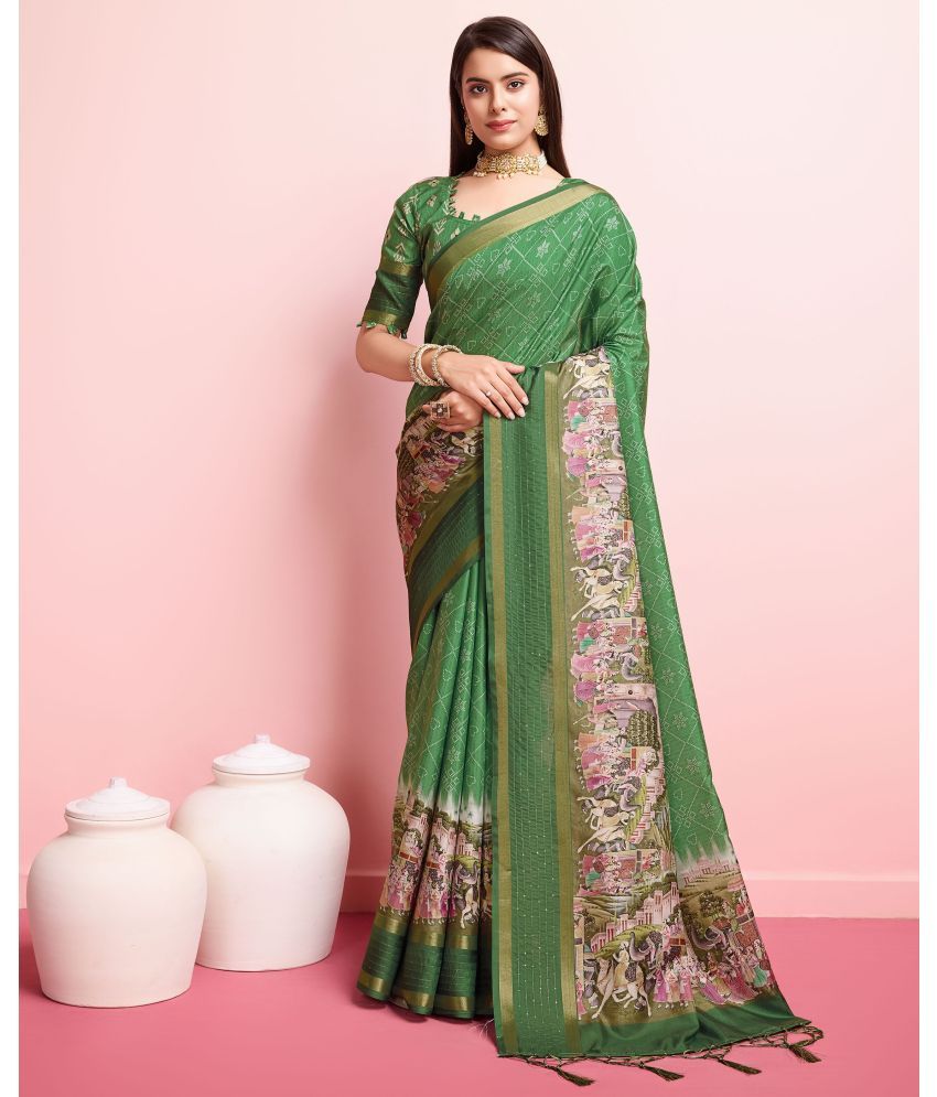     			Rekha Maniyar Silk Printed Saree With Blouse Piece - Green ( Pack of 1 )