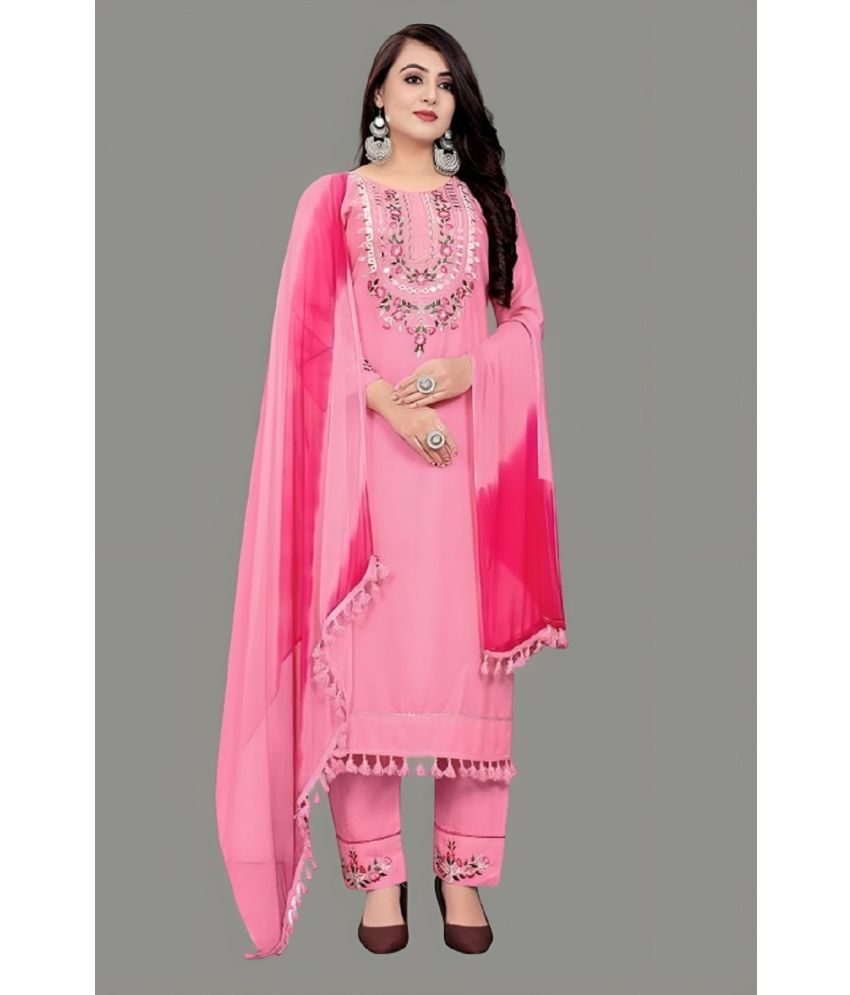     			A TO Z CART Rayon Embroidered Kurti With Pants Women's Stitched Salwar Suit - Pink ( Pack of 1 )