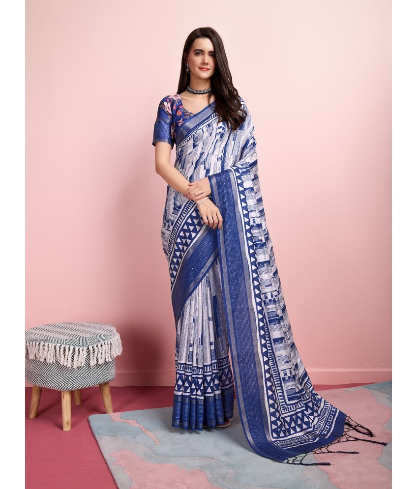     			Rekha Maniyar Silk Blend Printed Saree With Blouse Piece - Blue ( Pack of 1 )