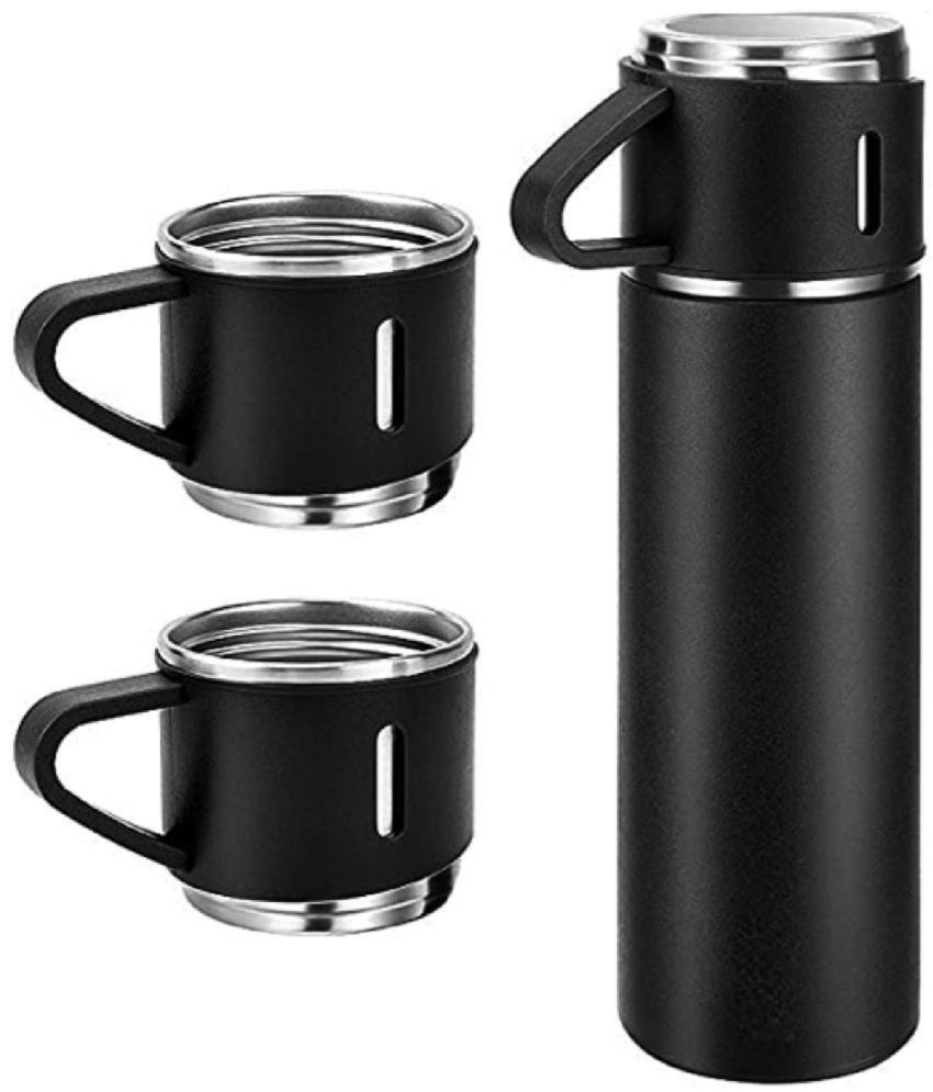     			500ml Stainless Steel Black Vacuum Insulated Thermos Flask Water Bottle with 3 Tea Cups Set with Gift Box