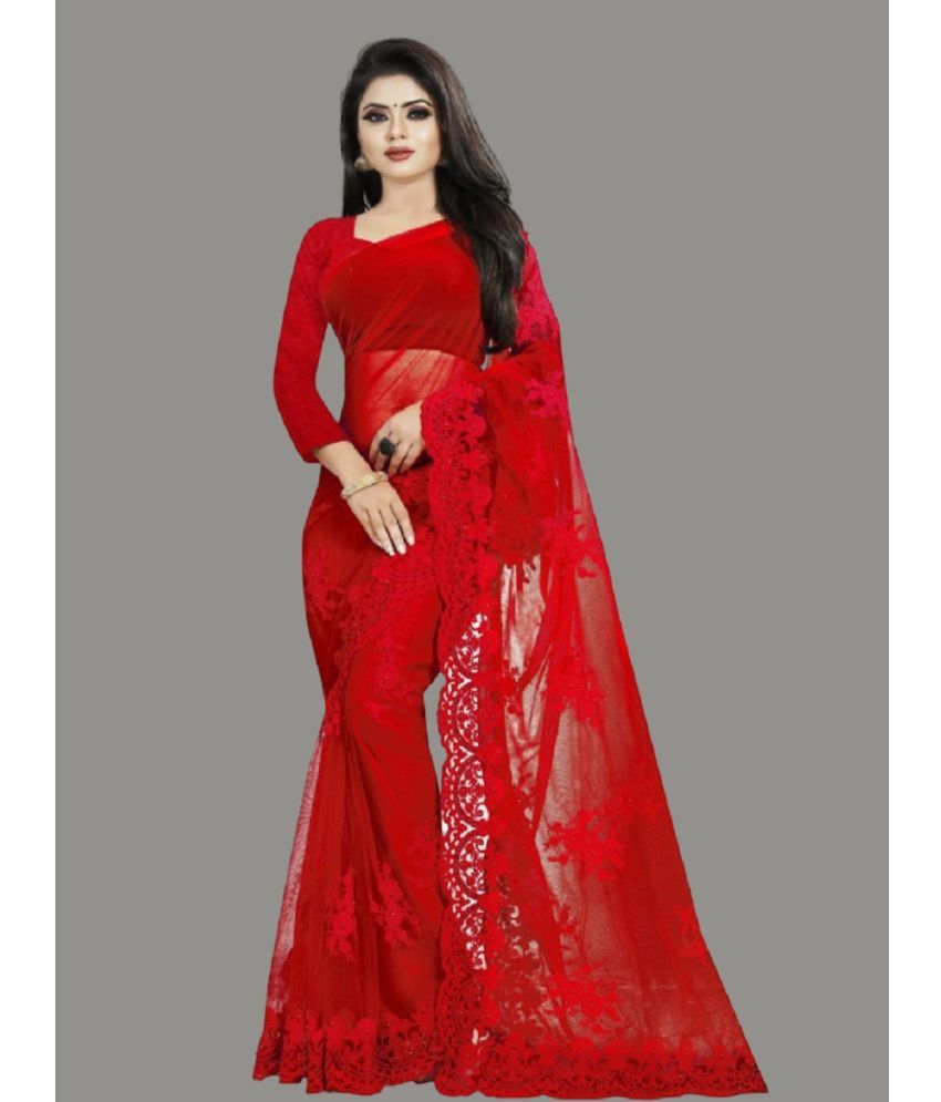     			Apnisha Net Embroidered Saree With Blouse Piece - Red ( Pack of 1 )