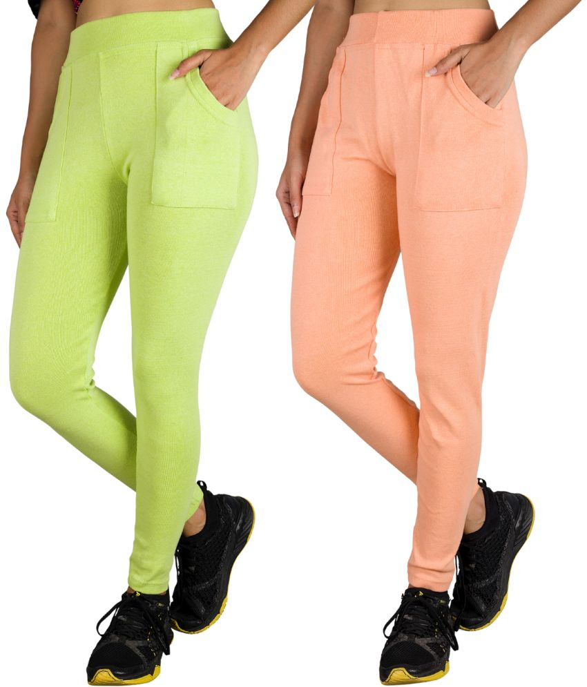     			KARARO JEGGINGS - Cotton Blend Skinny Fit Fluorescent Green Women's Jeggings ( Pack of 2 )