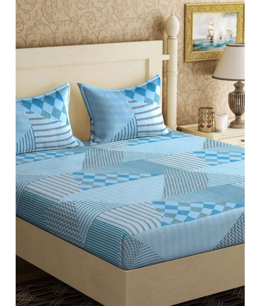     			Klotthe Poly Cotton Geometric 1 Double Bedsheet with 2 Pillow Covers - Sky Blue