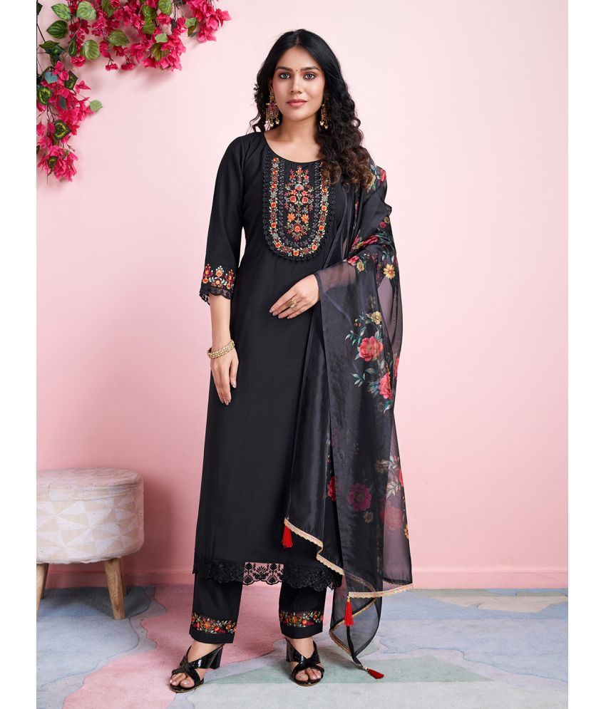     			MOJILAA Viscose Embroidered Kurti With Pants Women's Stitched Salwar Suit - Black ( Pack of 1 )