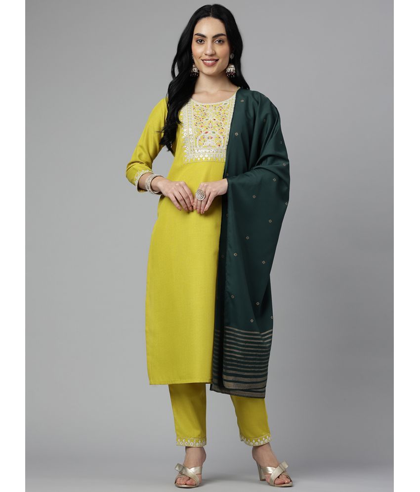     			NERMOSA Viscose Embroidered Kurti With Pants Women's Stitched Salwar Suit - Yellow ( Pack of 1 )