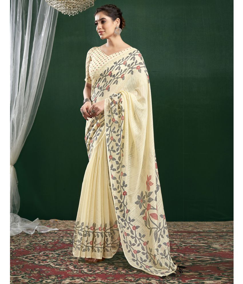     			Samah Cotton Blend Woven Saree With Blouse Piece - Cream ( Pack of 1 )