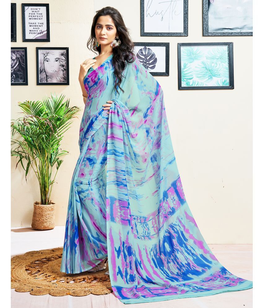     			Samah Georgette Dyed Saree With Blouse Piece - Light Blue ( Pack of 1 )