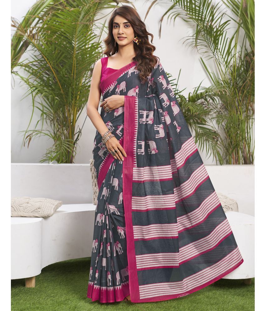     			Satrani Cotton Printed Saree With Blouse Piece - Grey ( Pack of 1 )