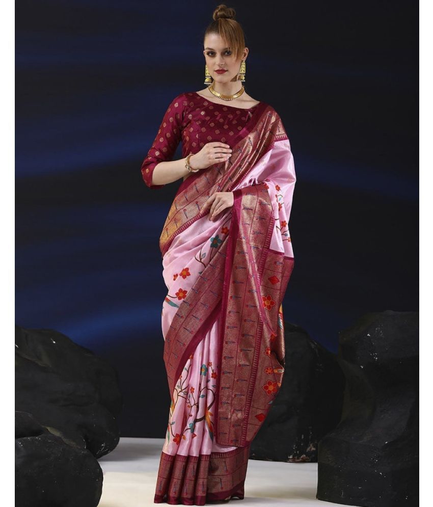     			Sitanjali Silk Blend Printed Saree With Blouse Piece - Pink ( Pack of 1 )