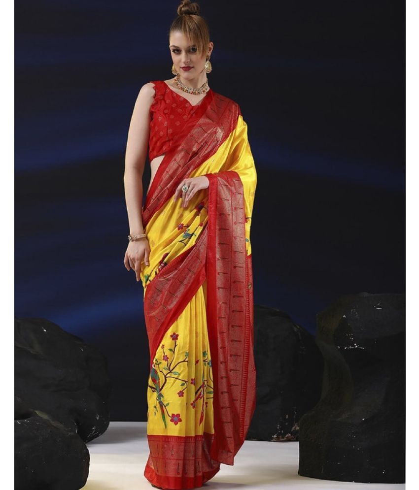     			Sitanjali Silk Blend Printed Saree With Blouse Piece - Yellow ( Pack of 1 )