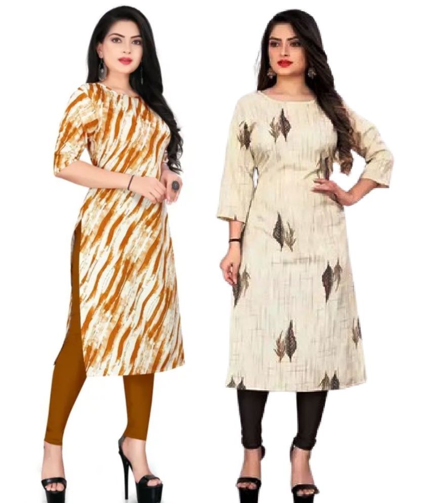     			VACHHARJ GROUP Crepe Printed A-line Women's Kurti - Yellow,Grey ( Pack of 2 )