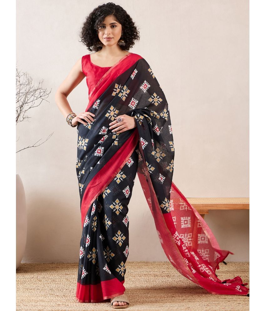     			Vaamsi Linen Printed Saree With Blouse Piece - Black ( Pack of 1 )