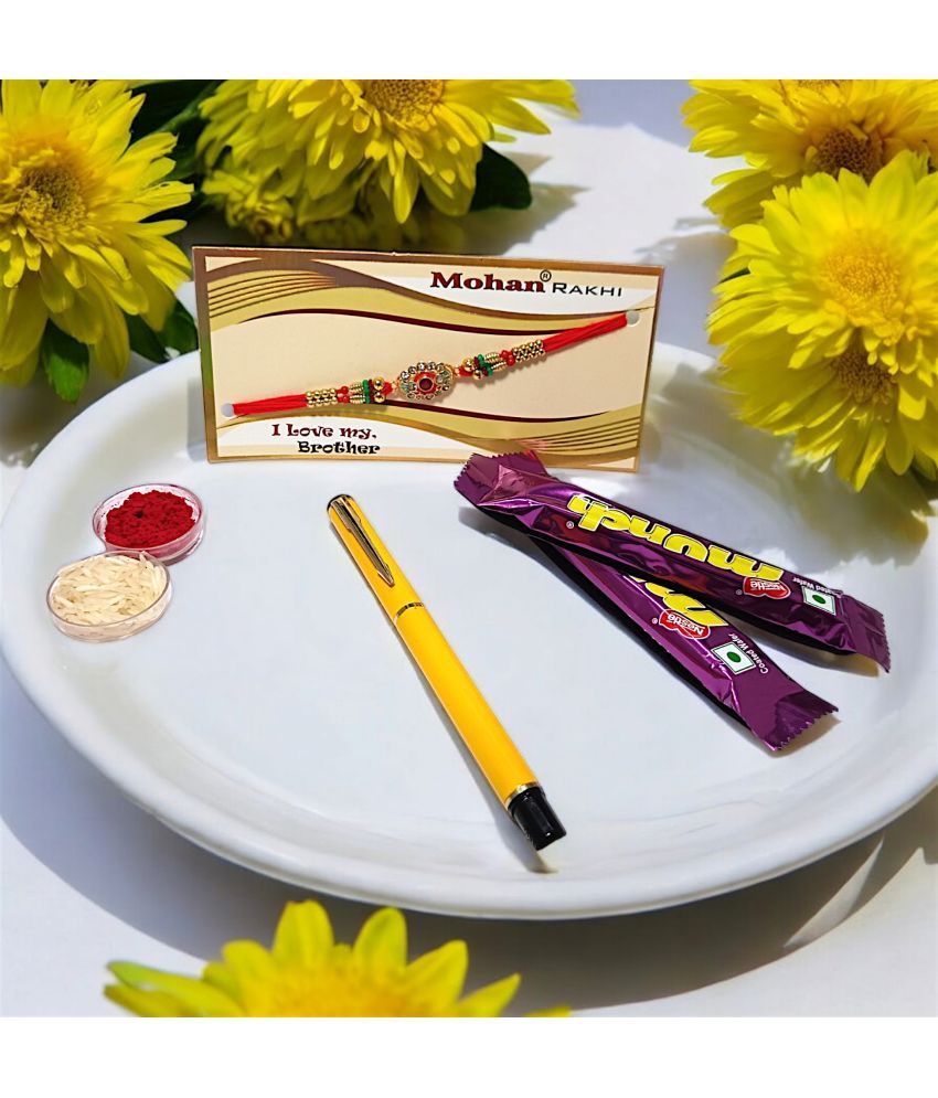     			auteur 801 Stylish Black Roller Ball Pen and Designer Rakhi Gift Set for Brother With Chocolates, Roli, Mishri and Rice.