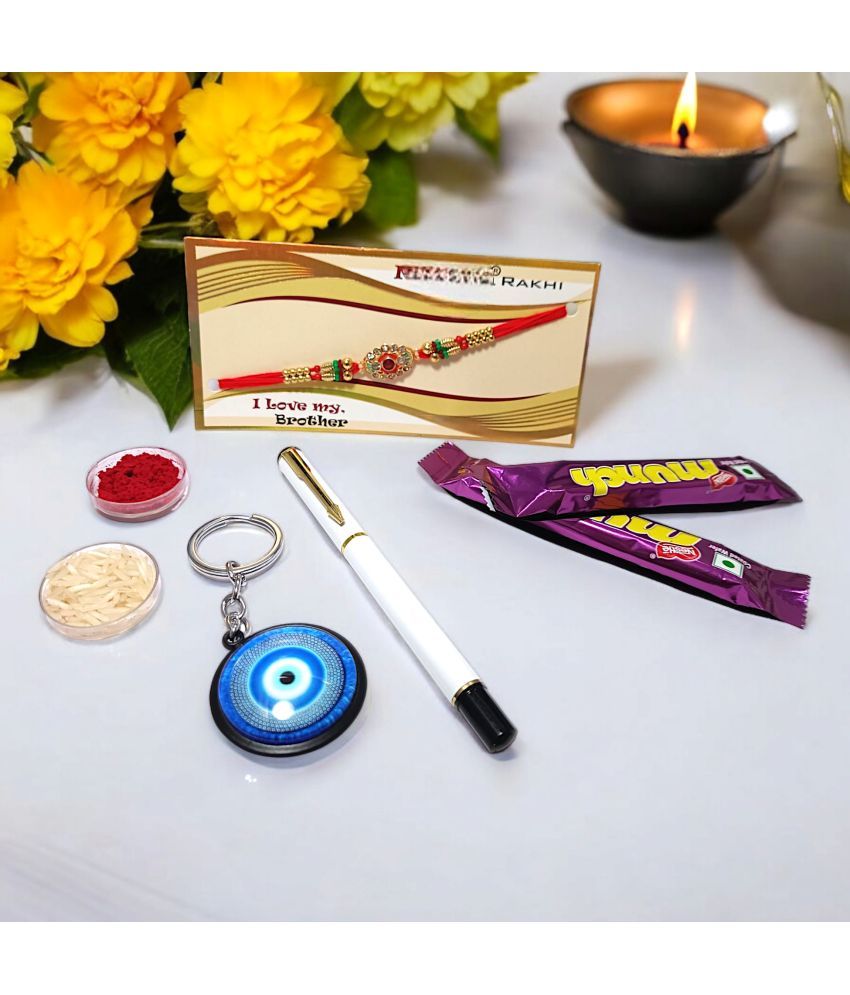     			auteur 801 Stylish Black Roller Ball Pen and Designer Rakhi Gift Set for Brother With Evil Eye Keychain, Chocolates, Roli, Mishri and Rice.