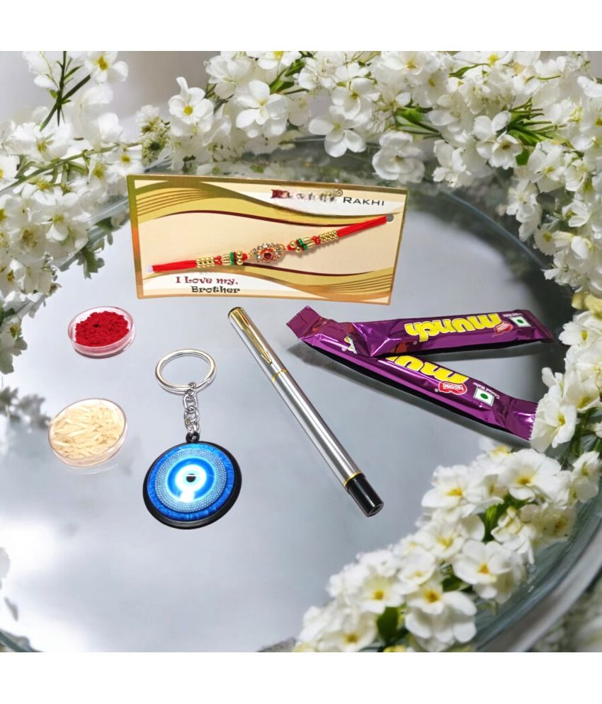     			auteur 801 Stylish Black Roller Ball Pen and Designer Rakhi Gift Set for Brother With Evil Eye Keychain, Chocolates, Roli, Mishri and Rice.