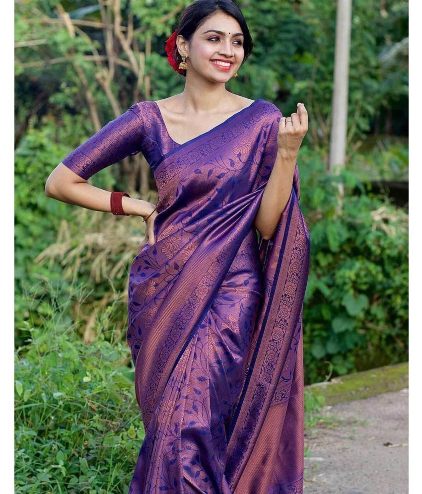     			A TO Z CART Silk Printed Saree With Blouse Piece - Purple ( Pack of 1 )