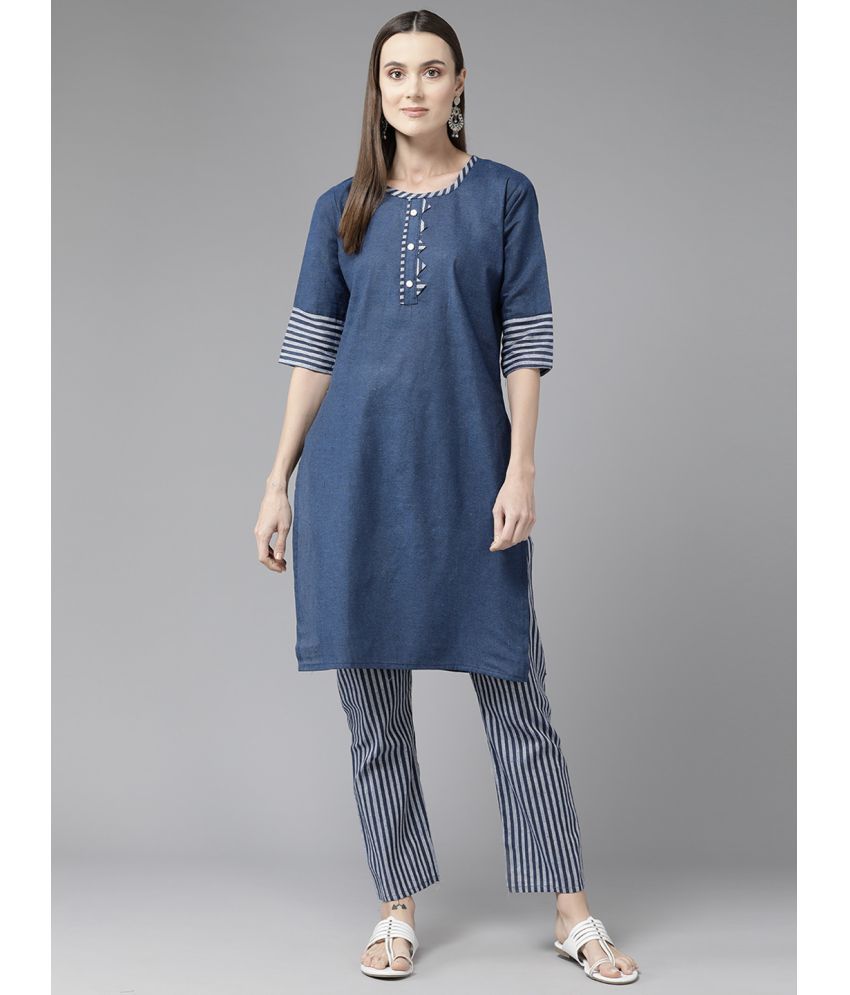     			Aarika Cotton Striped Kurti With Pants Women's Stitched Salwar Suit - Blue ( Pack of 1 )