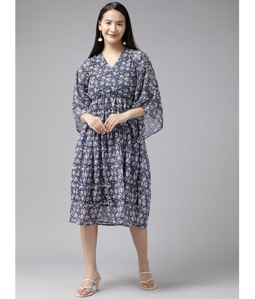     			Aarika Georgette Printed Knee Length Women's Fit & Flare Dress - Navy Blue ( Pack of 1 )