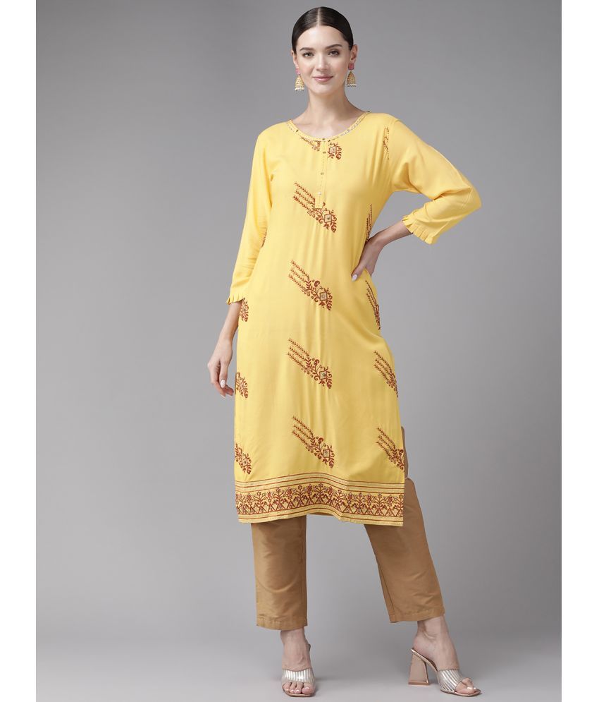     			Aarika Rayon Embroidered Straight Women's Kurti - Yellow ( Pack of 1 )