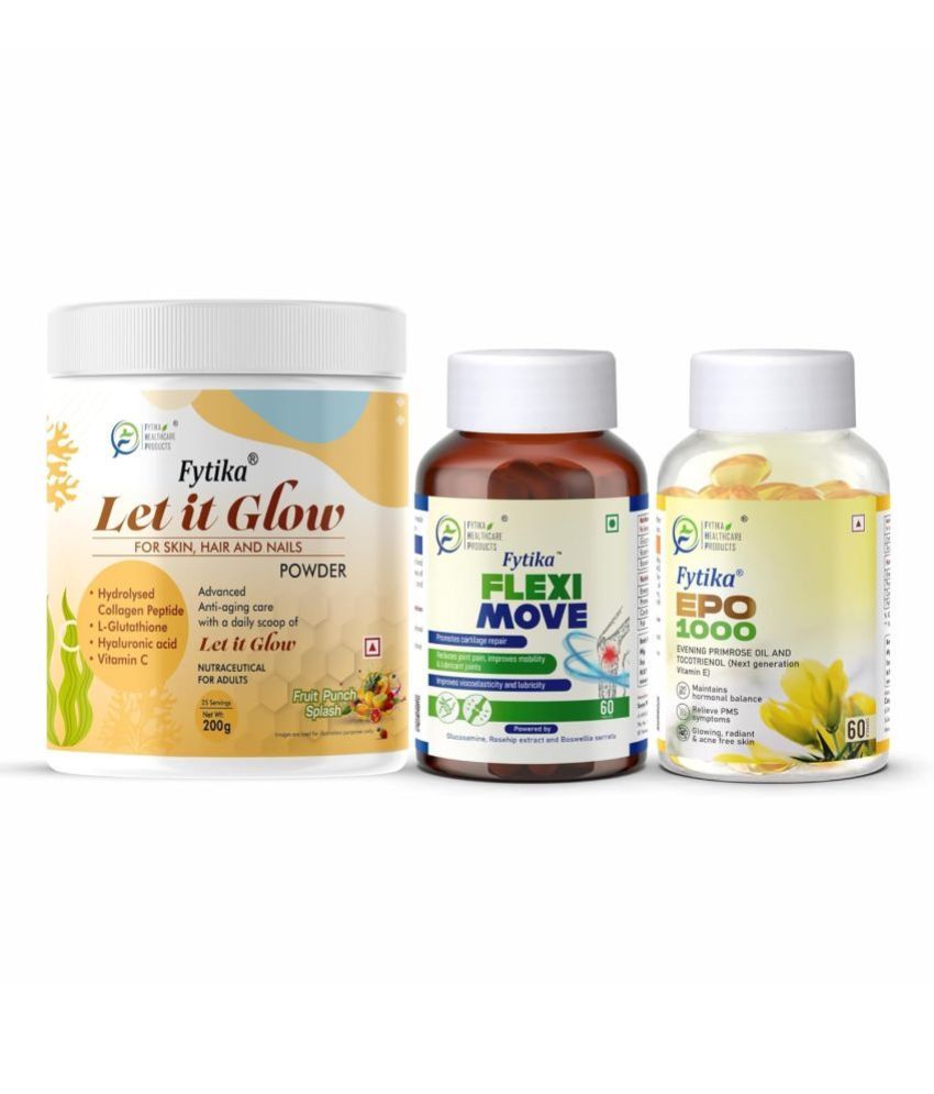     			Fytika Let it Glow Fruit Punch, Collagen Powder-200G + Fytika Flexi Move| Glucosamine, Rosehip Powder extract-60 Tabs + Fytika EPO 1000 Evening Primrose Oil-60 Softgel