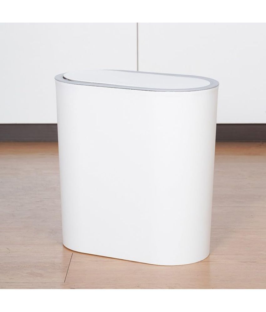     			House of Quirk Slim Trash Can with Press Top Lid, 10 Liter Plastic Wastebasket, Garbage Container Bin for Bathroom,Bedroom, Kitchen,Office (10Litre, White)