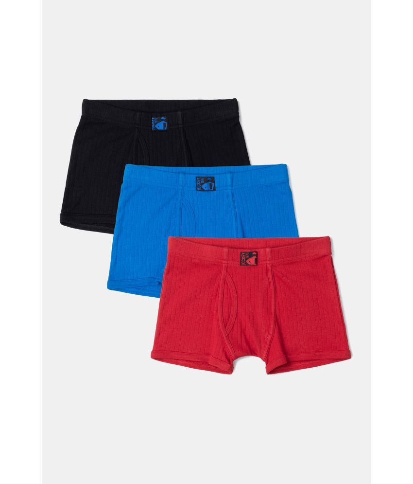     			Jockey 3036 Boys Super Combed Cotton Solid Trunk - Rich Royal Blue, Black & Chilli Pepper(Pack of 3)