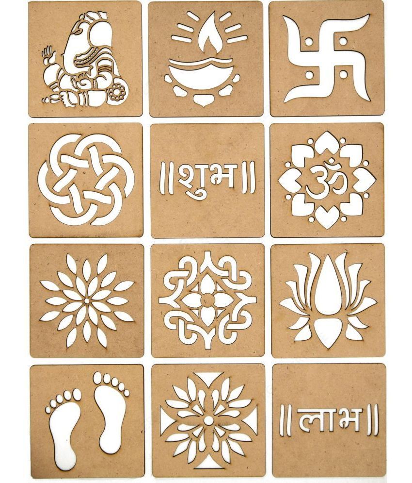     			M G Enterprise DIY MDF Wood Organic Rangoli Stencils For Floor and Wall G-1 Set of 12 pc (4 in x 4 in)