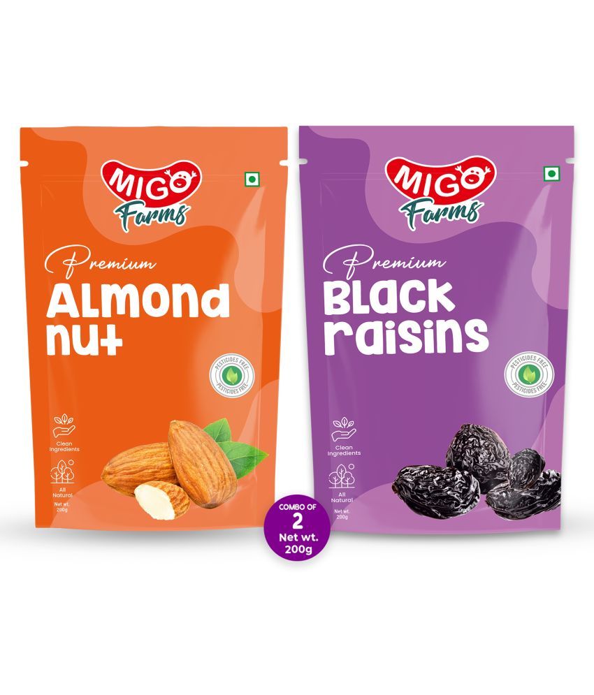     			Migo Farms Pack of 2 Healthy Premium Dry Fruits & Nuts Almonds, Raisins (2 x 200 g)