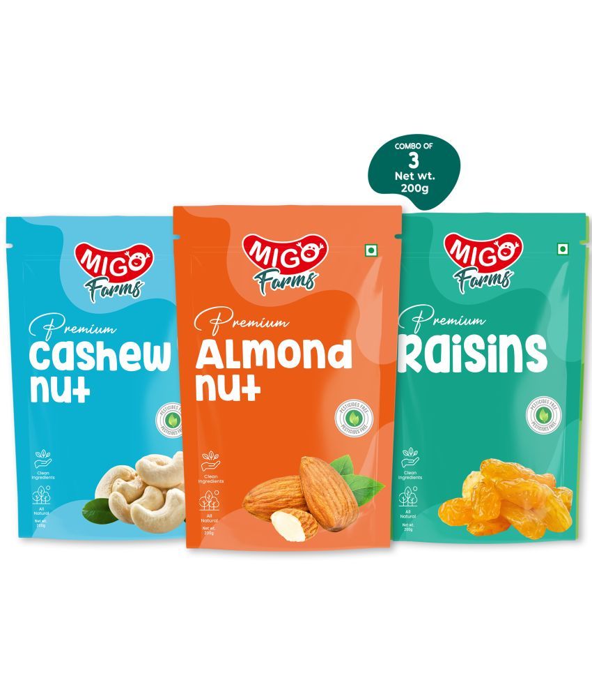     			Migo Farms Pack of 3 Premium Healthy Dry Fruits & Nuts Cashew, Almonds, Raisins (3 x 200 g)