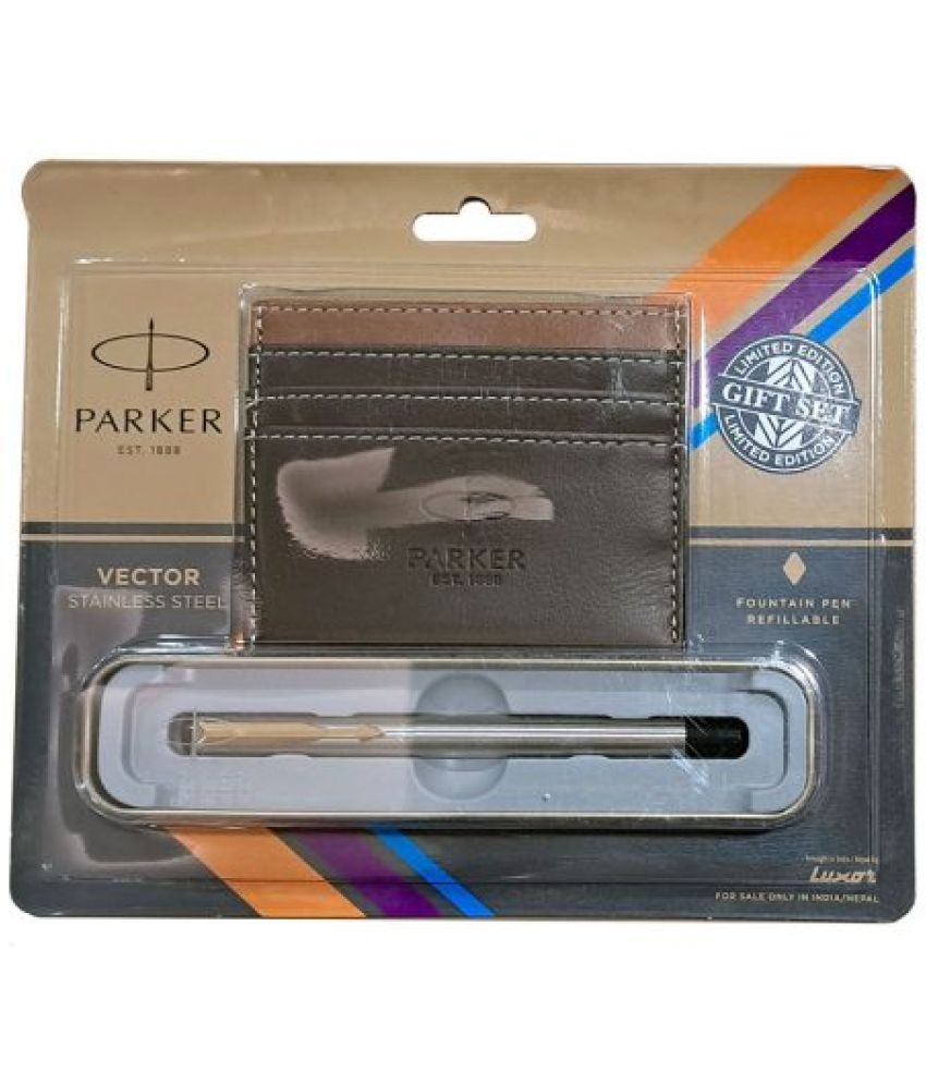     			Parker Vector Stainless Steel Gt Fountain Pen Fine With Credit Card Holder