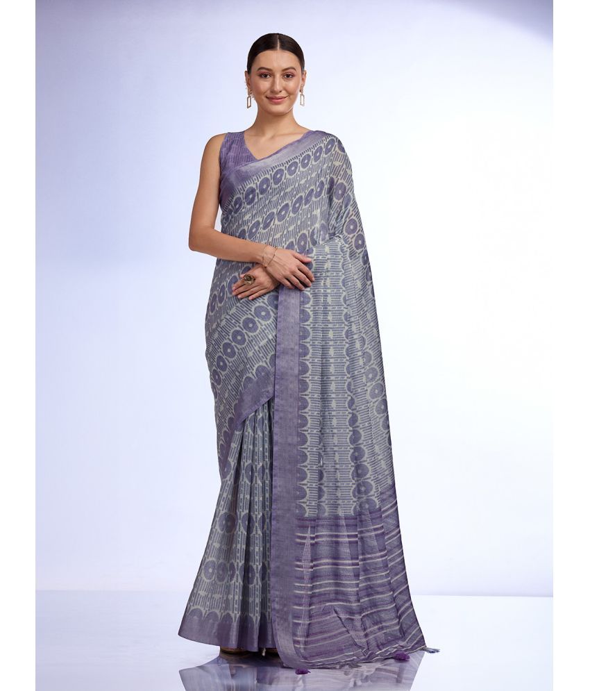     			Rekha Maniyar Linen Printed Saree With Blouse Piece - Purple ( Pack of 1 )