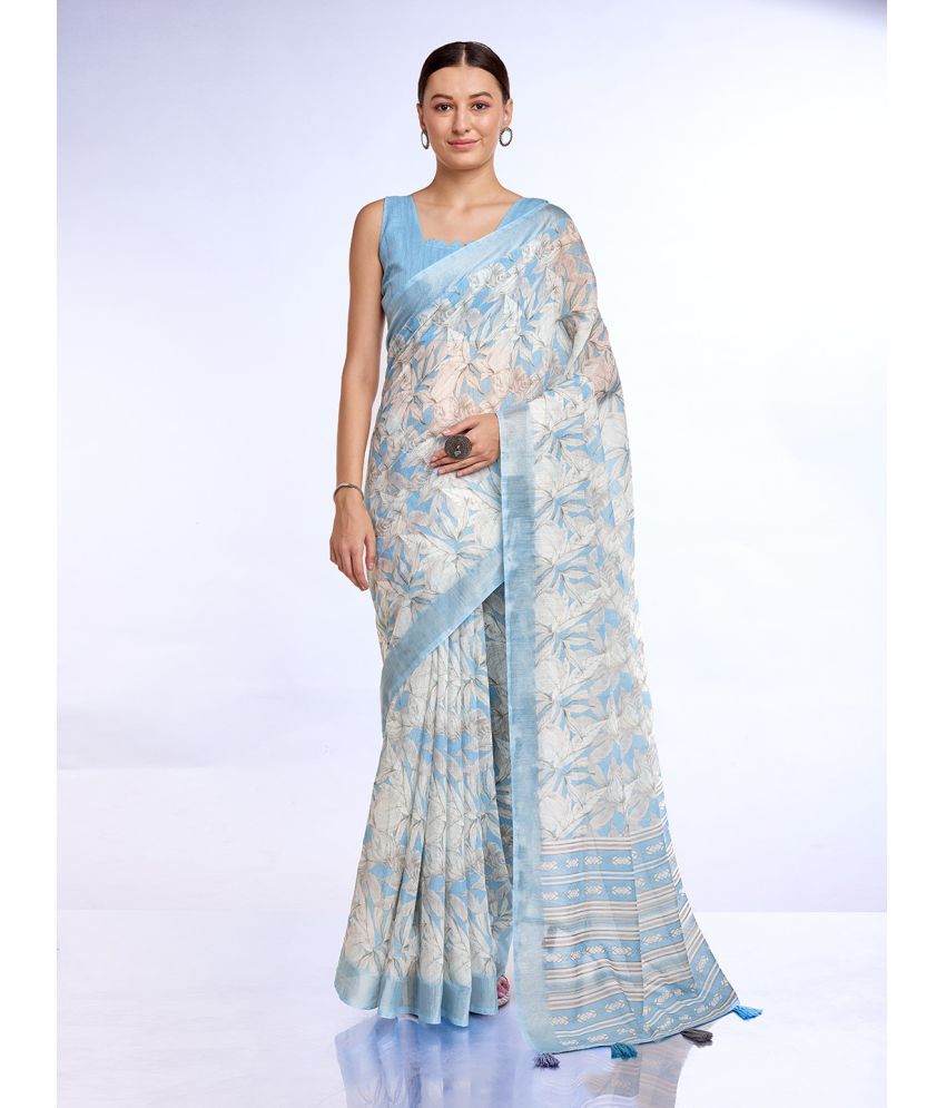     			Rekha Maniyar Linen Printed Saree With Blouse Piece - Blue ( Pack of 1 )