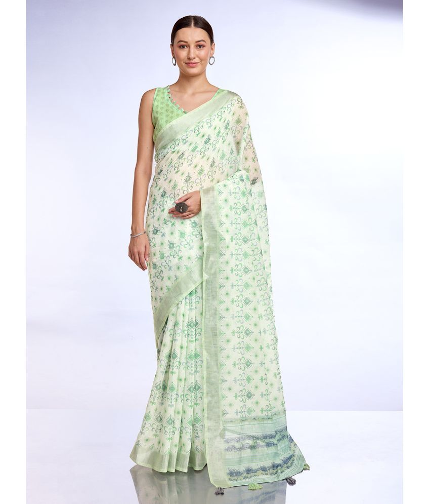     			Rekha Maniyar Linen Printed Saree With Blouse Piece - Mint Green ( Pack of 1 )