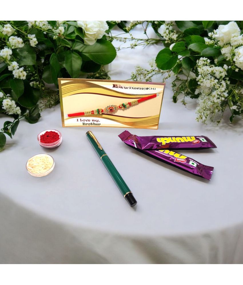     			auteur 801 Stylish Black Roller Ball Pen and Designer Rakhi Gift Set for Brother With Chocolates, Roli, Mishri and Rice.