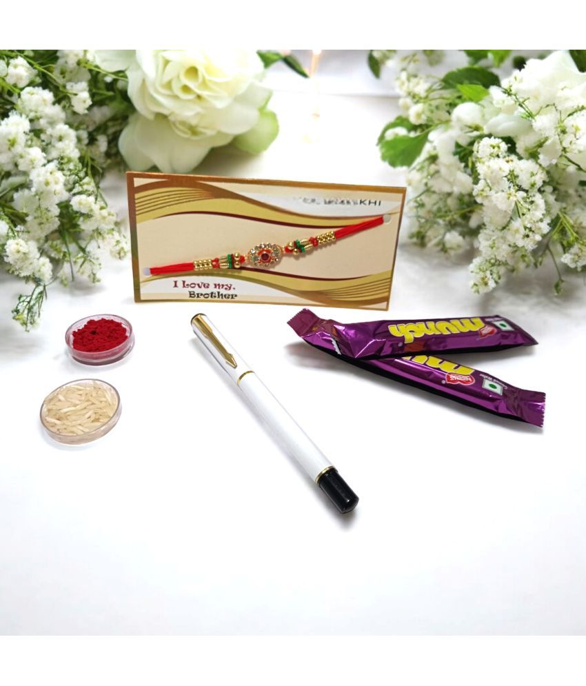     			auteur 801 Stylish Black Roller Ball Pen and Designer Rakhi Gift Set for Brother With Chocolates, Roli, Mishri and Rice.