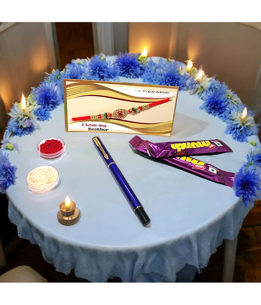     			auteur 801 Stylish Blue Roller Ball Pen and Designer Rakhi Gift Set for Brother With Chocolates, Roli, Mishri and Rice.