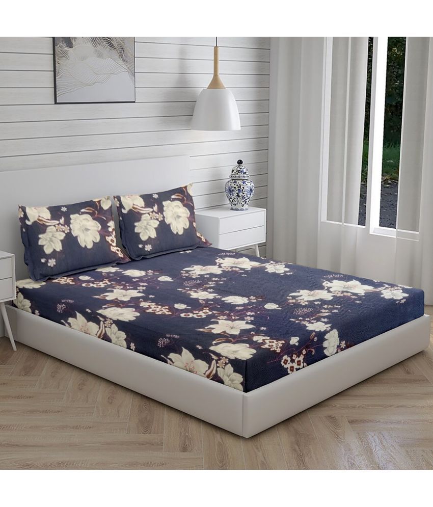     			kids wonders Microfibre Floral Fitted 1 Bedsheet with 2 Pillow Covers ( Double Bed ) - Black