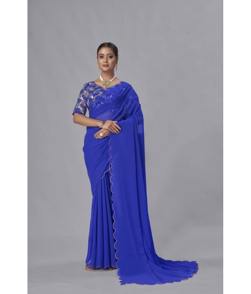     			A TO Z CART Georgette Solid Saree With Blouse Piece - Blue ( Pack of 1 )