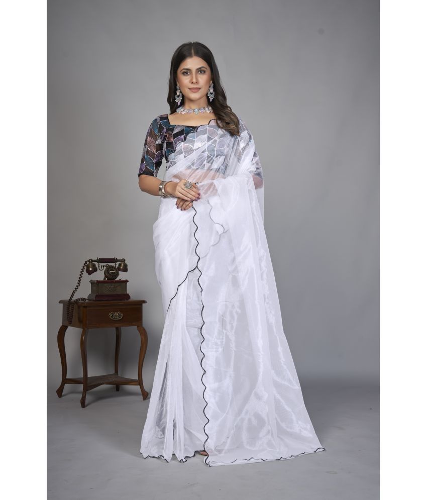     			Aika Organza Solid Saree With Blouse Piece - White ( Pack of 1 )