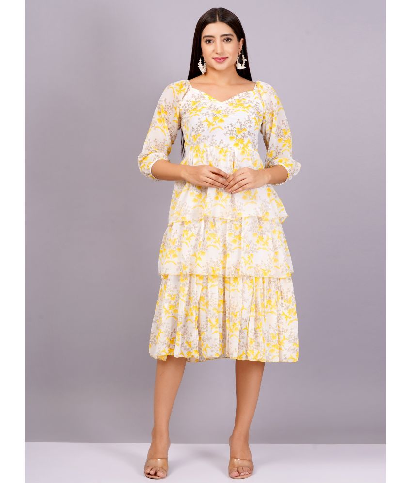     			Jyoti Georgette Printed Midi Women's Fit & Flare Dress - Yellow ( Pack of 1 )