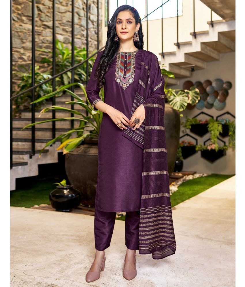     			Skylee Silk Blend Embroidered Kurti With Pants Women's Stitched Salwar Suit - Wine ( Pack of 1 )