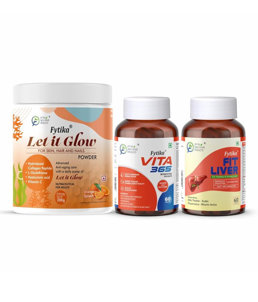     			Fytika Let it Glow Orange Splash, Collagen Powder-200G + Fytika Vita 365, 3 in 1 Multivitamin-60 Tabs + Fytika Fit Liver (Liver Detox Supplement)-60 Tabs