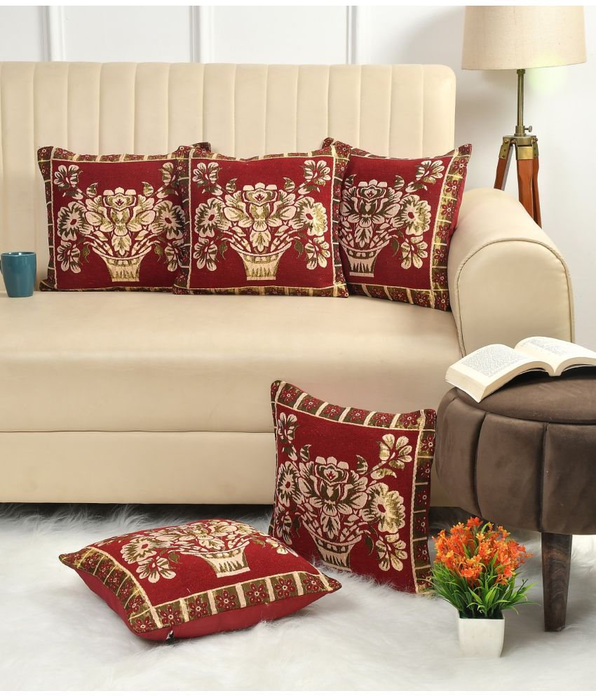     			GoCose Home Set of 5 Cotton Floral Printed Square Cushion Cover (40X40)cm - Maroon