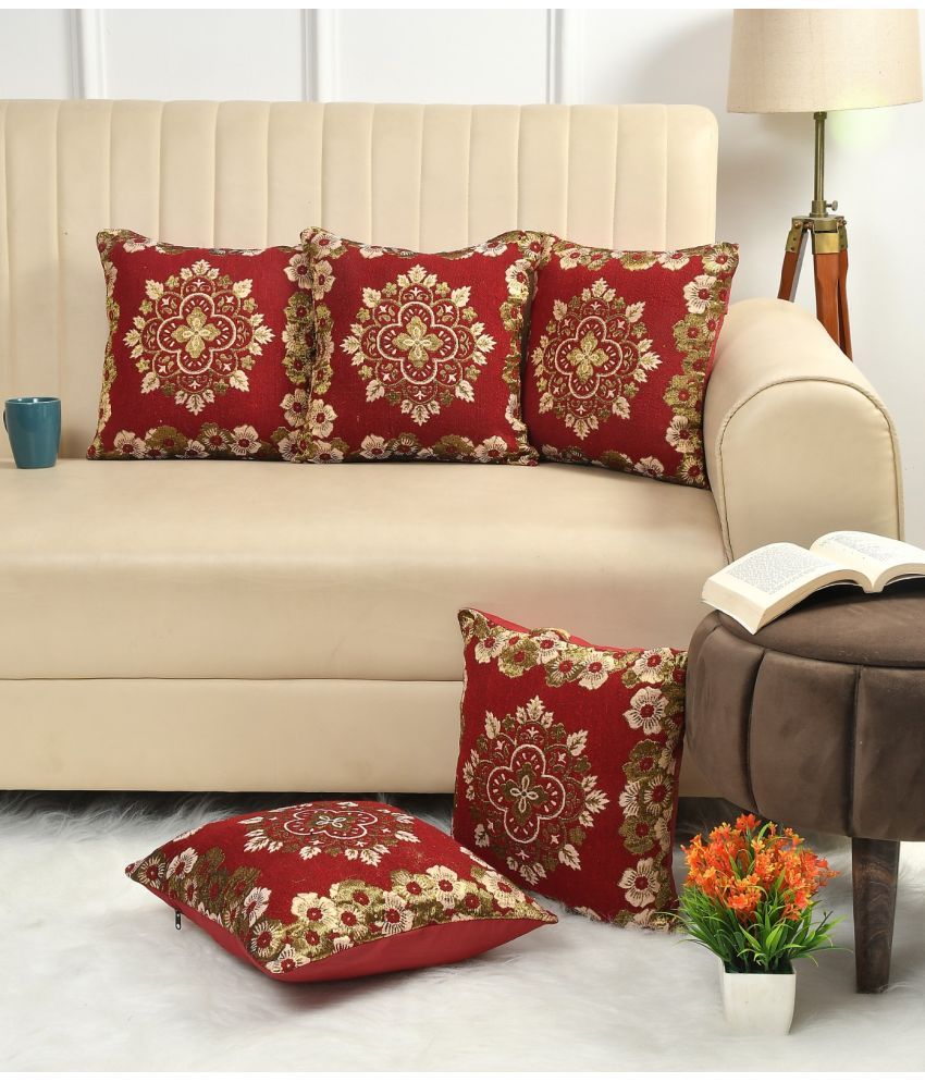     			GoCose Home Set of 5 Cotton Floral Printed Square Cushion Cover (40X40)cm - Maroon