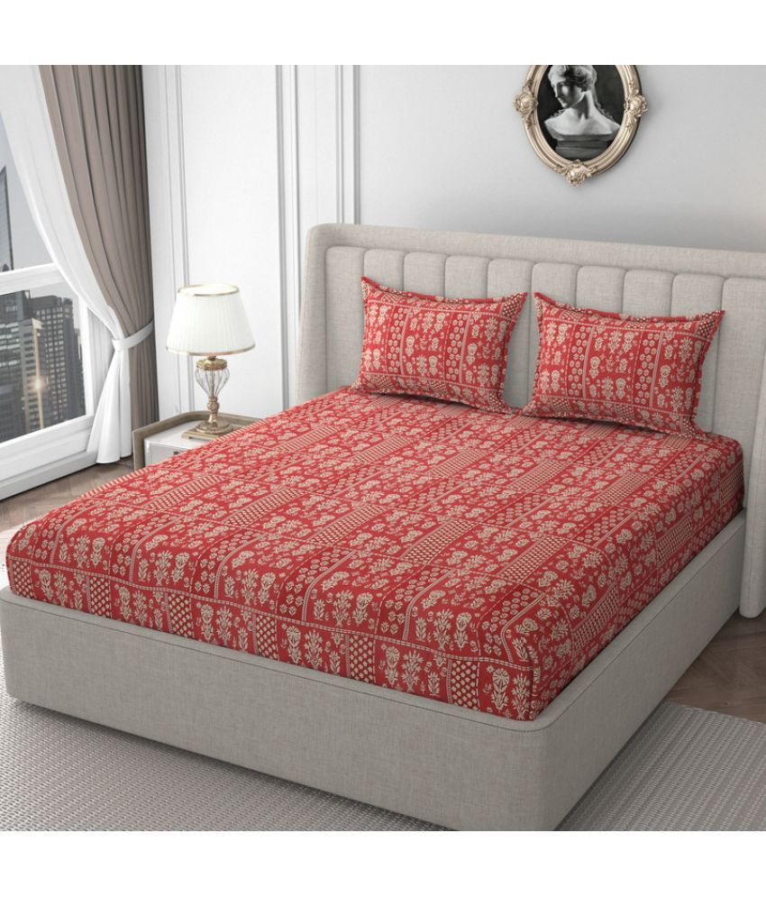     			HIDECOR Microfibre Floral Printed Fitted 1 Bedsheet with 2 Pillow Covers ( King Size ) - Red