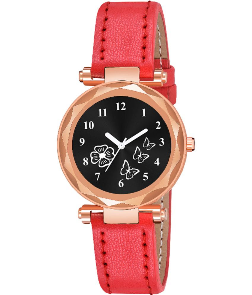     			KIARVI GALLERY Red Leather Analog Womens Watch