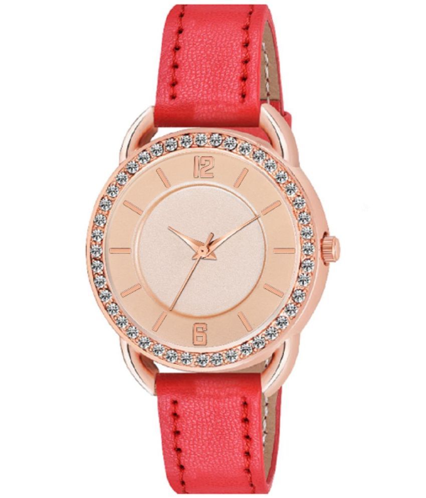     			KIARVI GALLERY Red Leather Analog Womens Watch