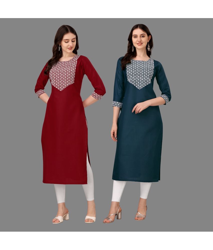     			Parnavi Cotton Embroidered Straight Women's Kurti - Multicolor8 ( Pack of 2 )