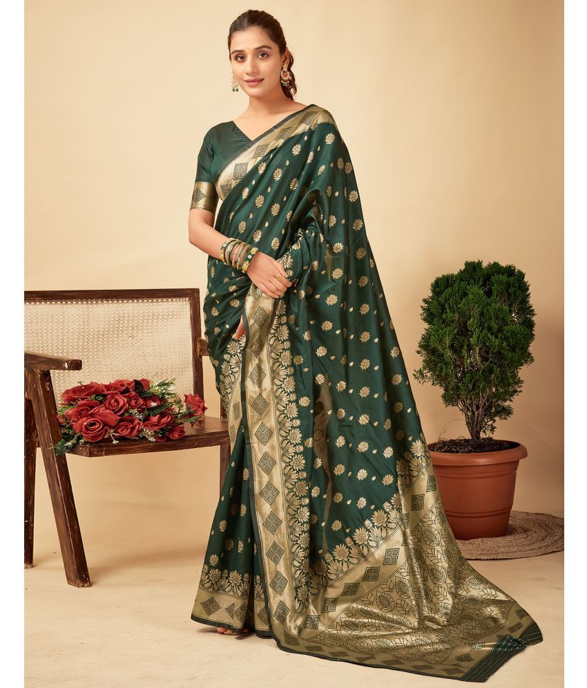     			Samah Silk Blend Self Design Saree With Blouse Piece - Green ( Pack of 1 )