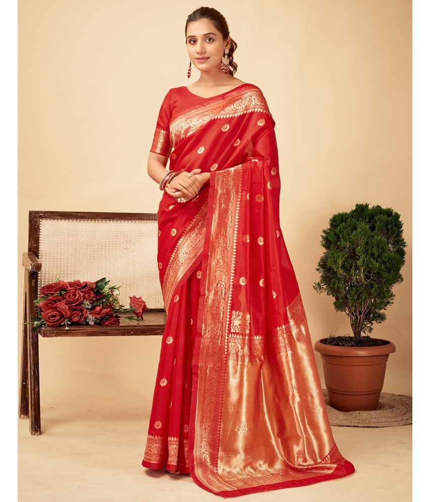     			Samah Silk Blend Self Design Saree With Blouse Piece - Red ( Pack of 1 )